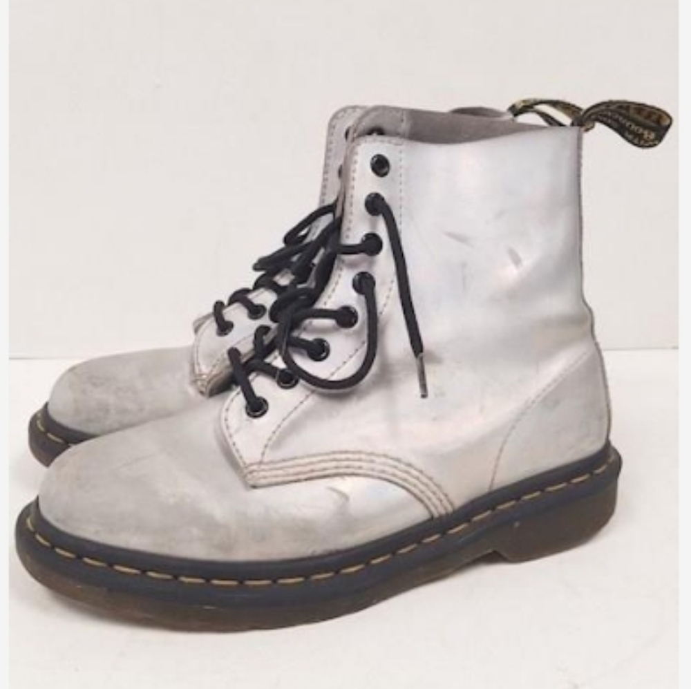 Dr Martens Silver Holographic Pascal Lace Up Combat Boots Shoes - 8 US 39 EU